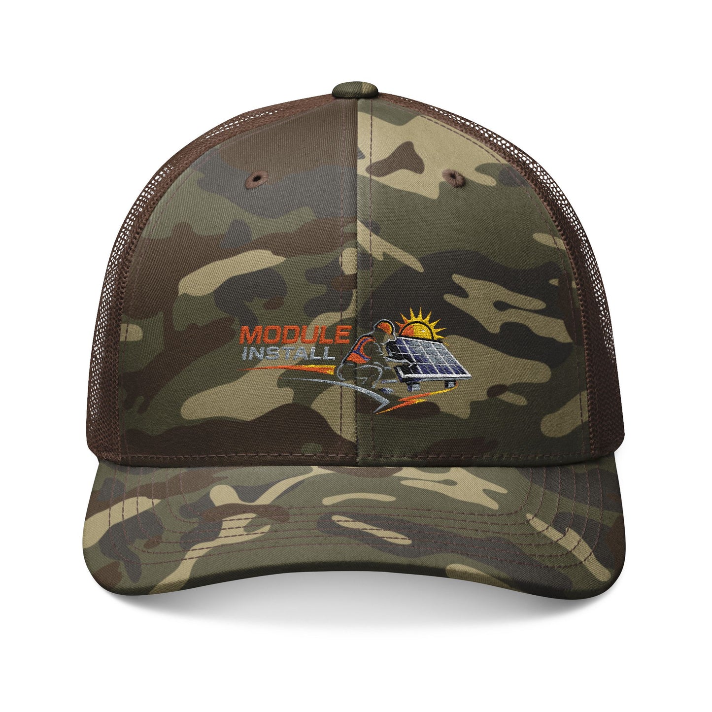Camo Trucker Hat (Module Install) — Embroidered Solar Panel & Sunrise Logo
