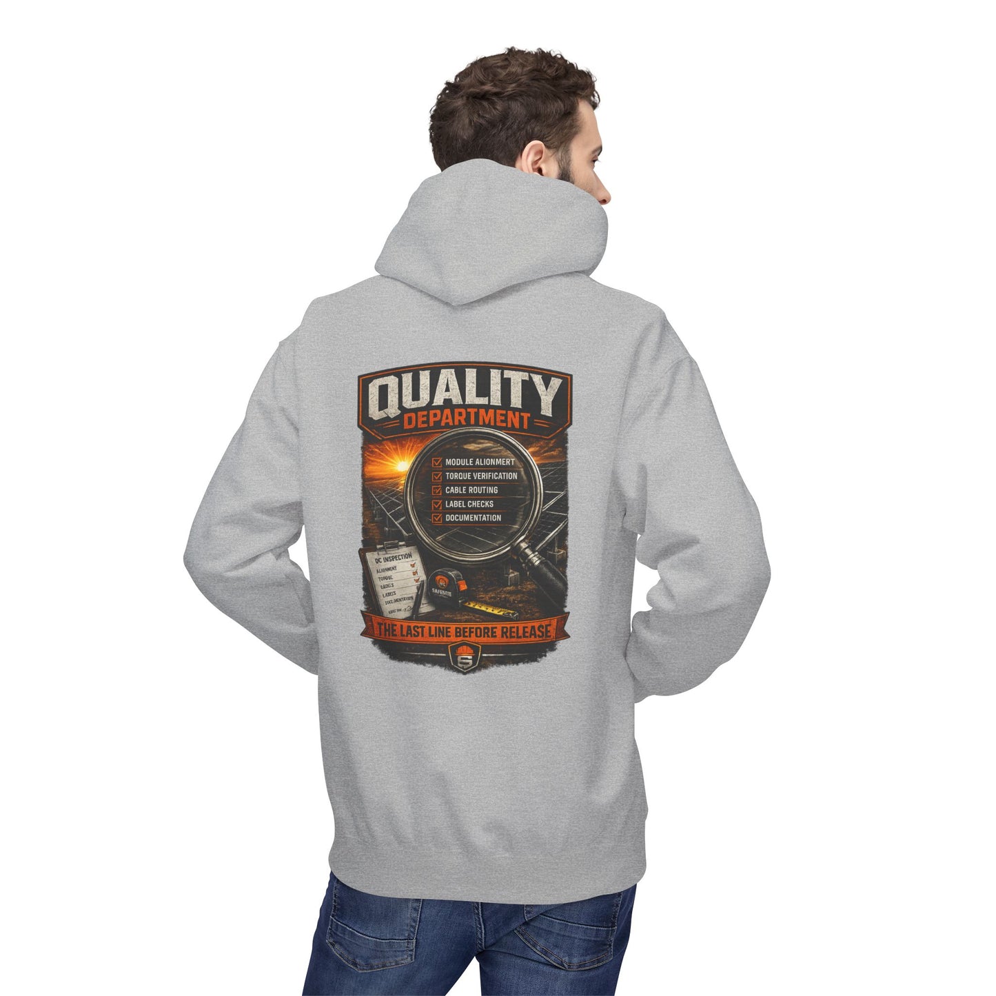 Quality Department Hoodie — Vintage Mechanic Crewneck with 'Quality Department' Emblem