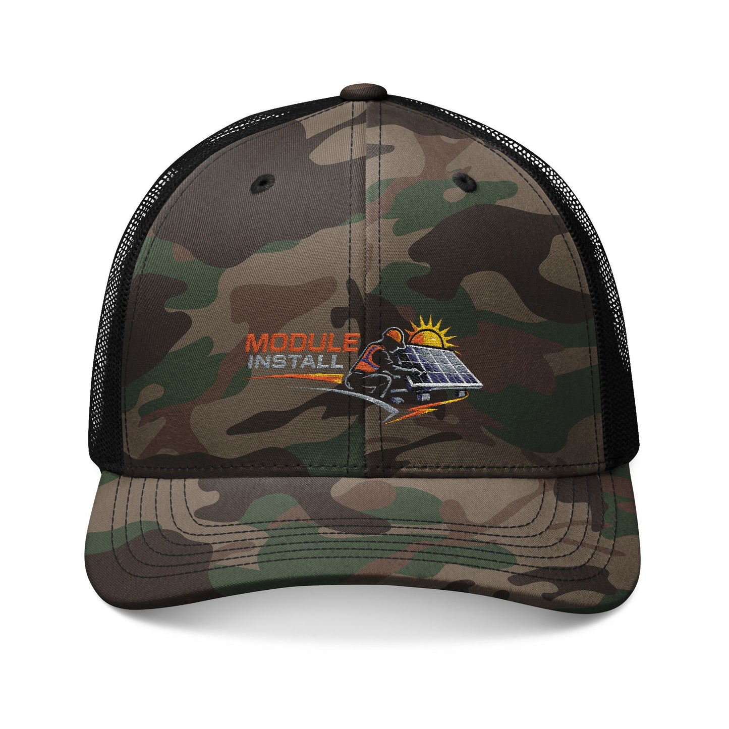 Camo Trucker Hat (Module Install) — Embroidered Solar Panel & Sunrise Logo