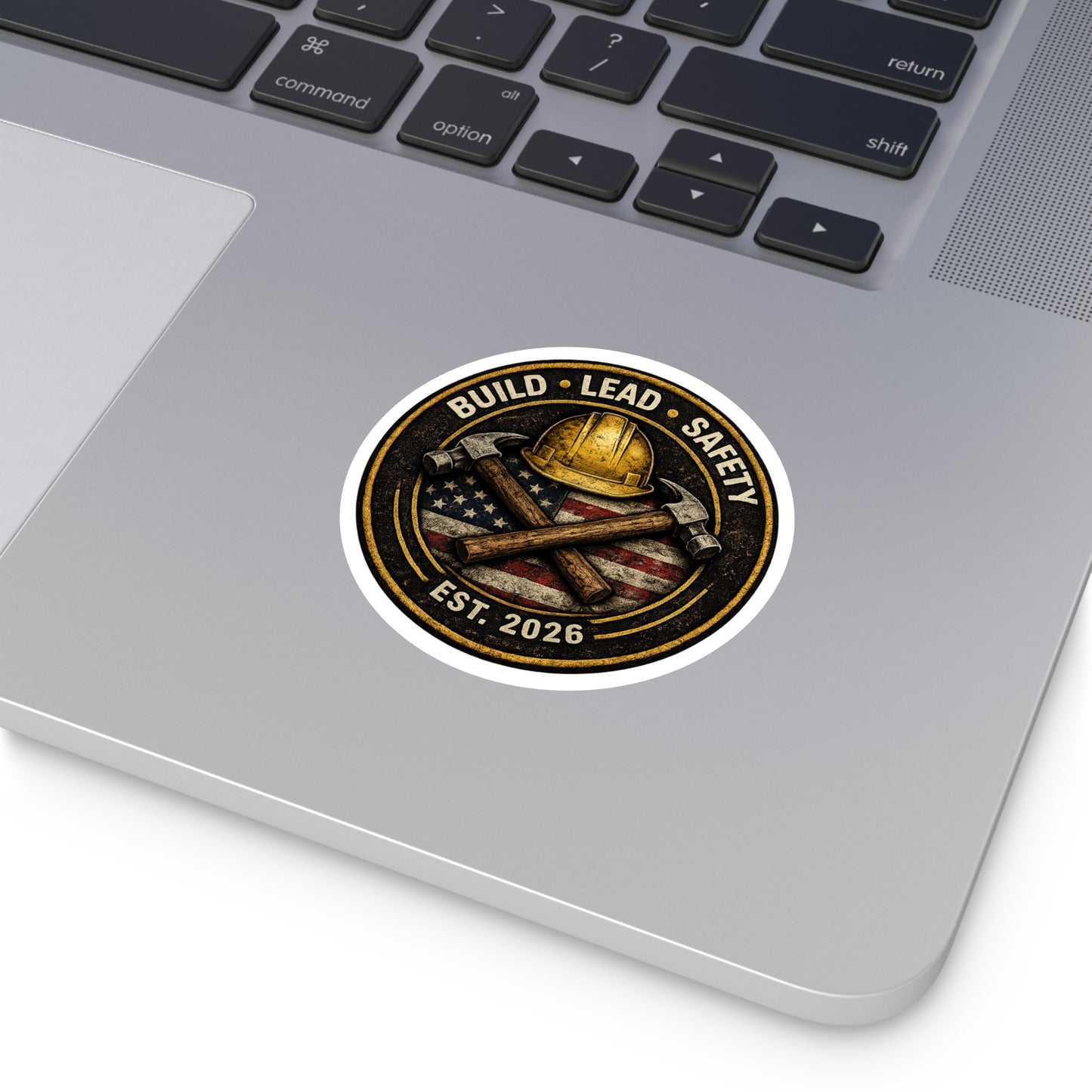 Build • Lead • Safety Round Vinyl Sticker — Est. 2026 Construction Helmet & Crossed Hammers with American Flag