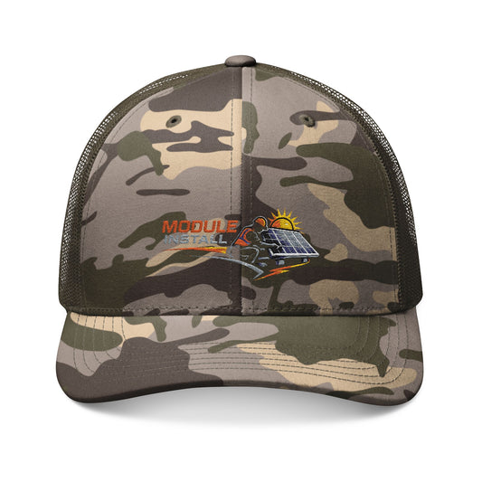 Camo Trucker Hat (Module Install) — Embroidered Solar Panel & Sunrise Logo