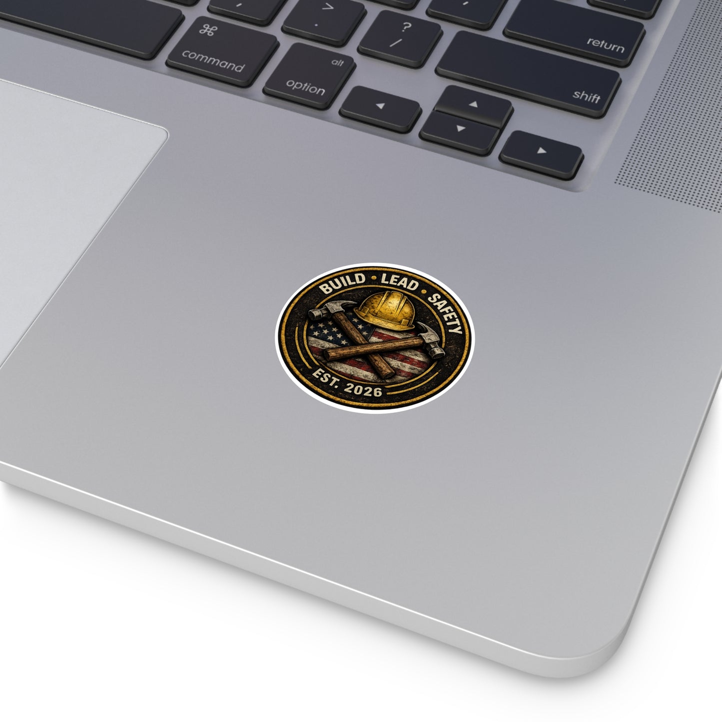 Build • Lead • Safety Round Vinyl Sticker — Est. 2026 Construction Helmet & Crossed Hammers with American Flag
