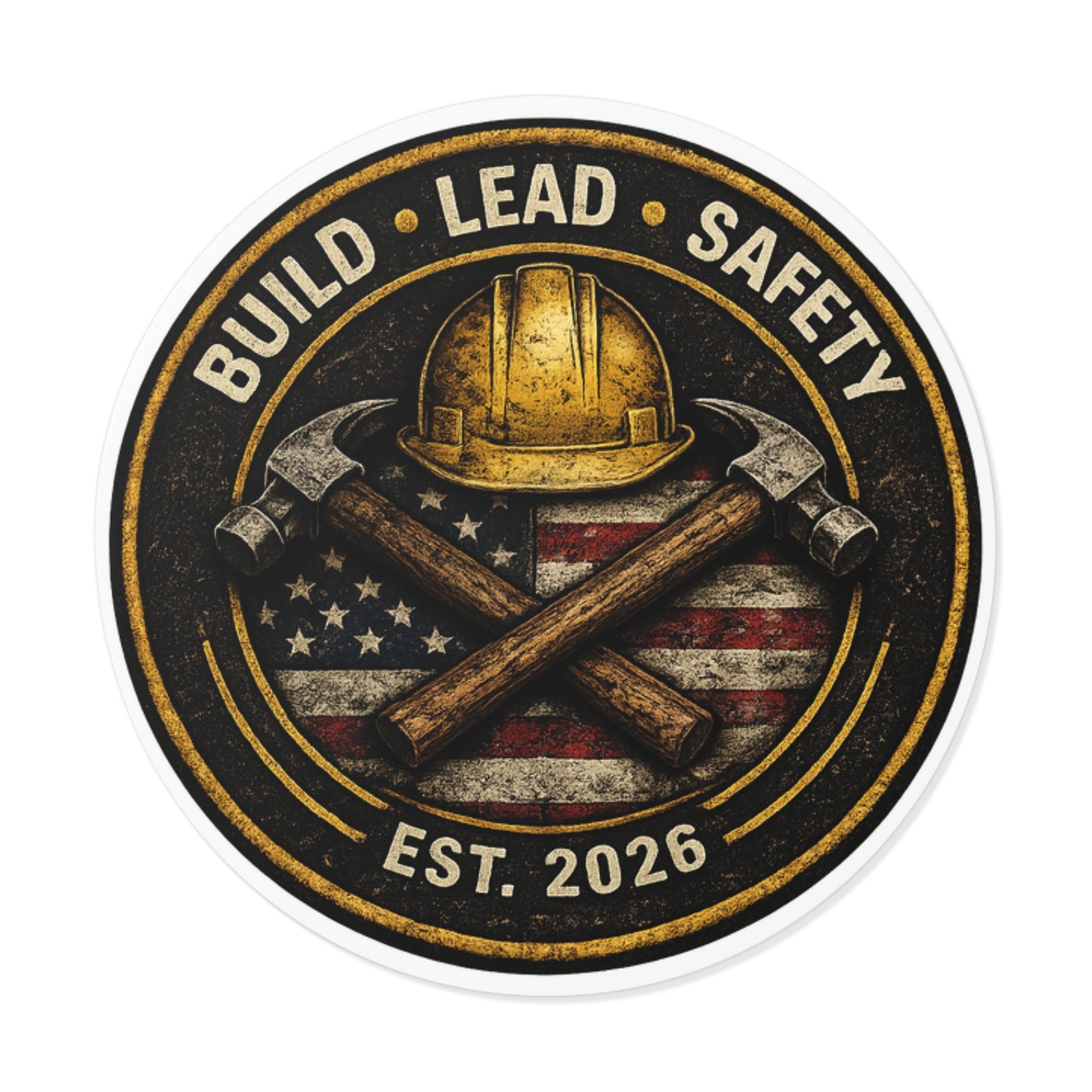 Build • Lead • Safety Round Vinyl Sticker — Est. 2026 Construction Helmet & Crossed Hammers with American Flag