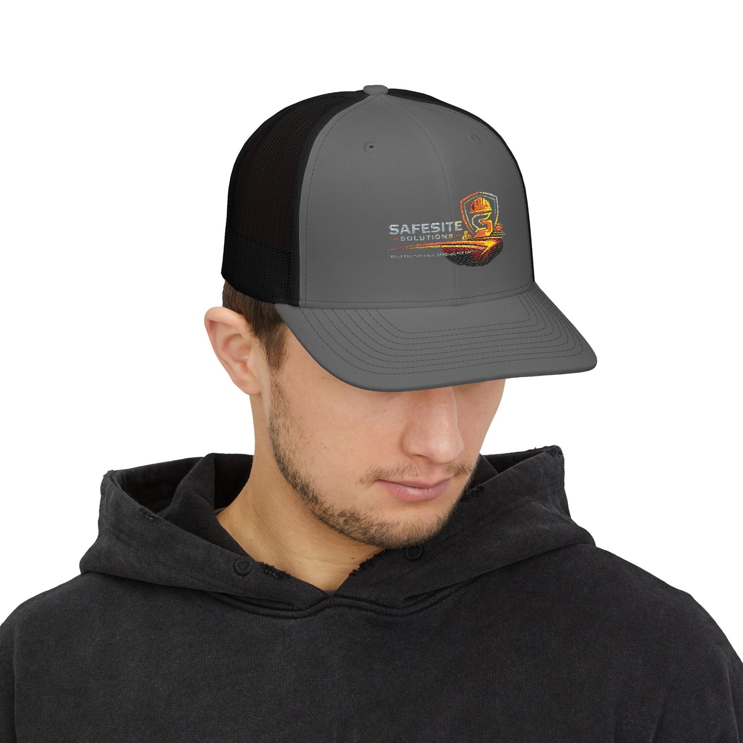 Safesite Safety Shield Snapback Trucker Cap — Embroidered Worksite Logo Hat
