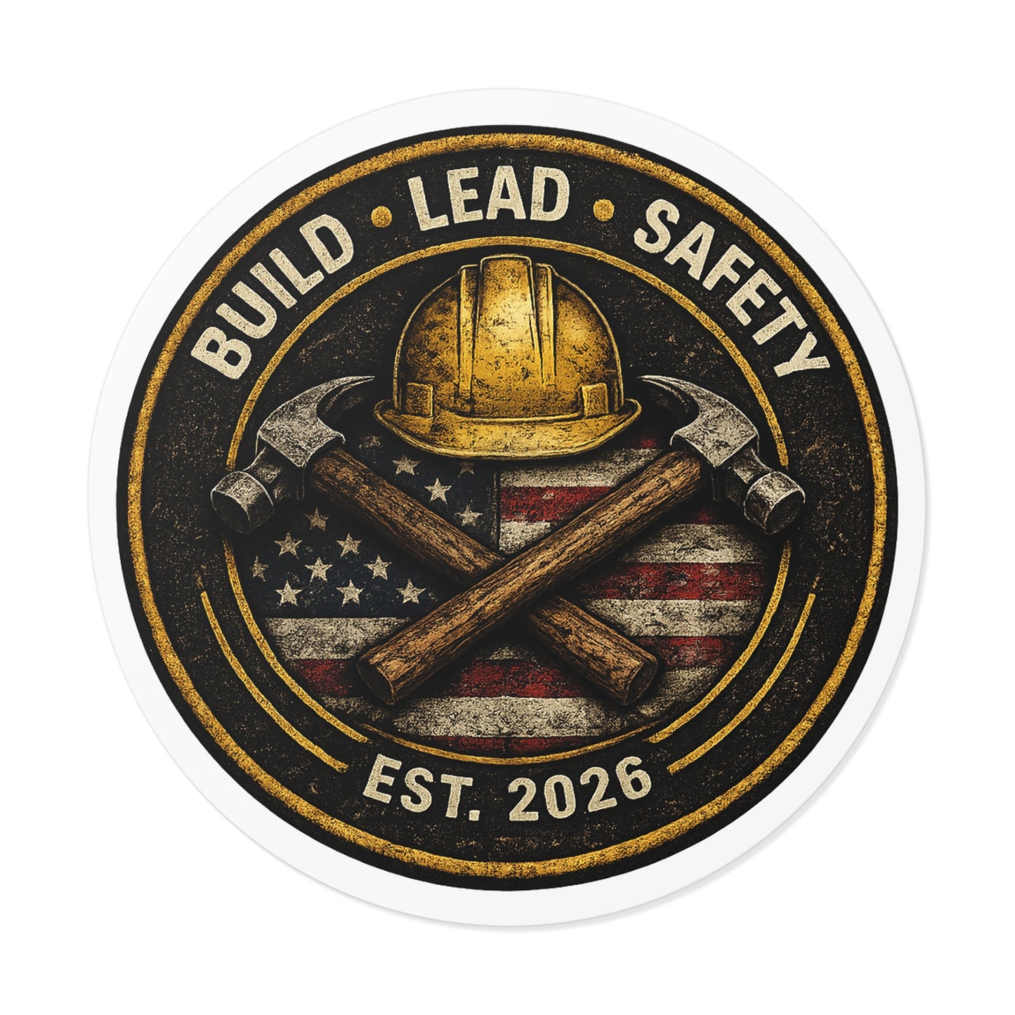 Build • Lead • Safety Round Vinyl Sticker — Est. 2026 Construction Helmet & Crossed Hammers with American Flag